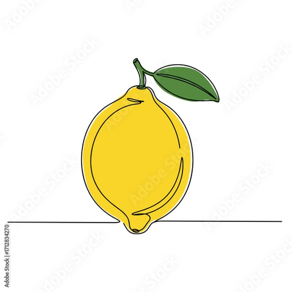 Fototapeta Single lemon illustration with green leaf on white background  