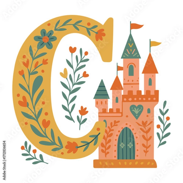 Fototapeta Letter C with fairytale castle whimsical alphabet vector for kids. Perfect for nursery posters, educational projects, children’s books, fantasy wall art and creative learning materials