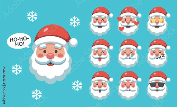 Fototapeta Santa Claus Emoji. Set of cute Santa Claus icons with different expressions of emotions. Christmas 2025 symbol person. Cartoon vector illustration isolated on blue background