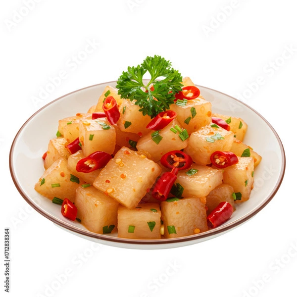 Obraz 透明背景に白いプレートに盛られたカット野菜と唐辛子とハーブの料理のクローズアップ