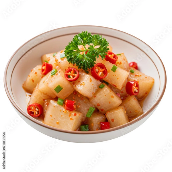 Obraz 透明背景のボウルに入った、赤唐辛子とハーブを添えた大根のキューブ状料理