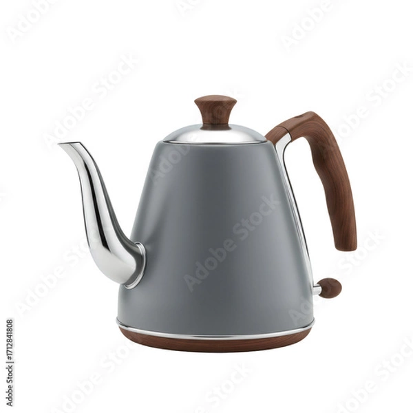 Obraz グレーメタルと木製のティーポット 透明背景に分離された調理器具のクローズアップ