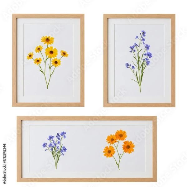 Obraz 木製フレーム入りフラワーアレンジメント 白い背景に黄色と青とオレンジの花 透明な背景