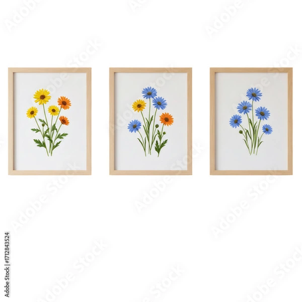 Obraz 三つの花のアートフレーム 透明背景に色とりどりの手描きブーケの装飾的なコレクション