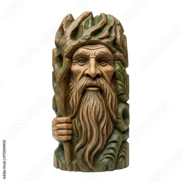 Obraz 木彫りの老人の像のクローズアップ 透明な背景に切り抜かれた顔と茶色と緑色 色と精巧なディテール 手作り芸術
