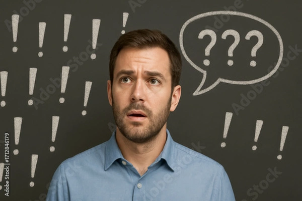 Fototapeta A man in a blue shirt stands before a chalkboard filled with exclamation marks. A speech bubble with question marks indicates his confusion.AI generated.