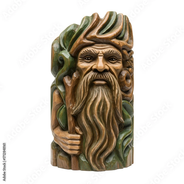 Obraz 木彫りの老人の顔の像正面からのクローズアップ 茶色と緑色の装飾が施された木製の彫刻