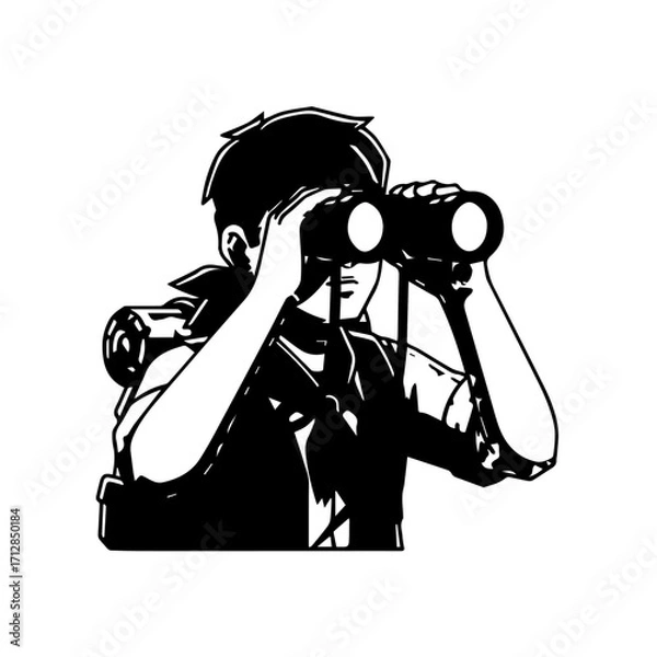 Fototapeta Silhouette of a Person Holding Binoculars Observing and Backpacking.