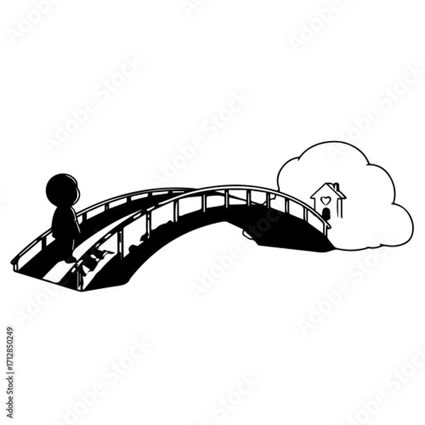 Fototapeta Silhouette of a Person Standing on a Curved Bridge Contemplating a Cloud House.