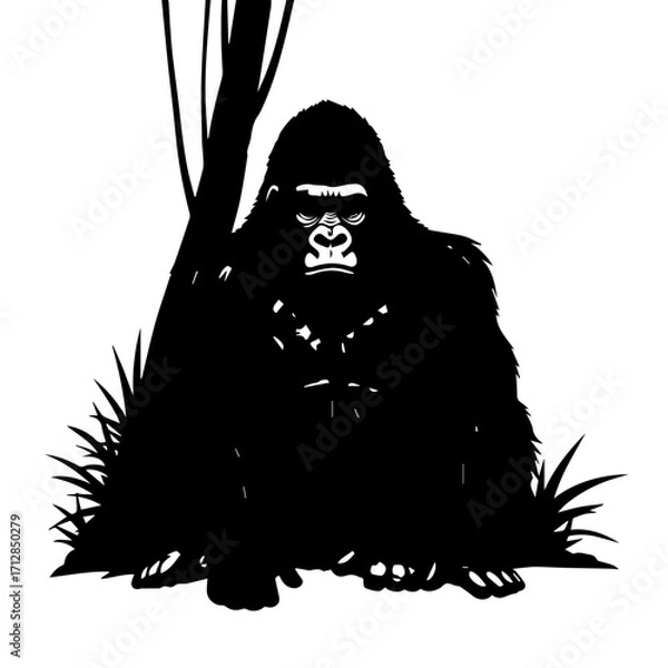 Fototapeta Silhouette of a Powerful Gorilla Sitting with Intense Stare and Fur Texture.
