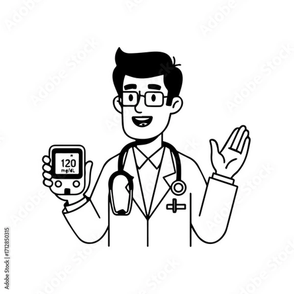 Fototapeta Smiling Doctor Holding Blood Glucose Meter Gesturing with Open Hand Medical Illustration.