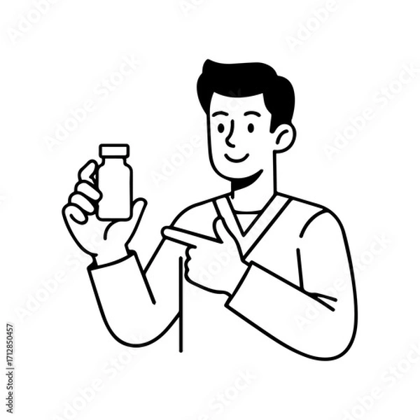 Fototapeta Smiling Doctor Pointing at a Small Medicine Bottle in Hand Illustration.