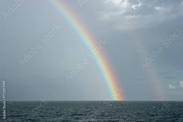 Fototapeta Rainbow visible in cloudy sky after rain