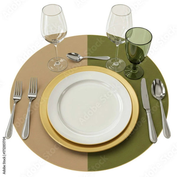 Obraz エレガントなテーブルセッティング 円卓上の食器 白いプレート 金色の縁取り グラス カトラリー付き