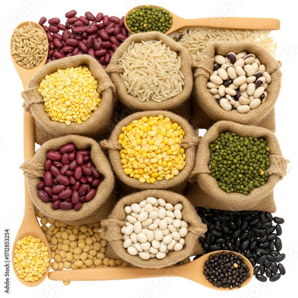 Obraz 多種多様な豆と穀物のクローズアップビュー木製スプーンとジュートバッグに入った穀物の多様性