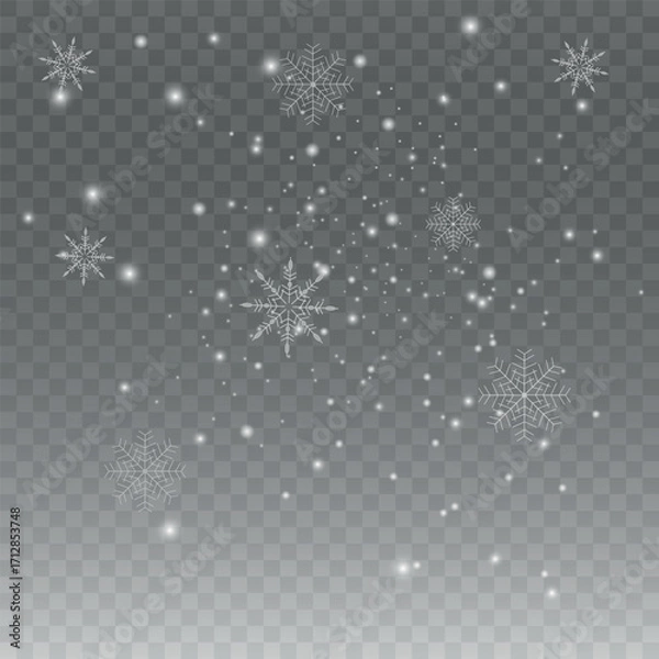 Fototapeta Vector Snowfall with Snowflakes on Transparent Background. Winter Snow Overlay Effect