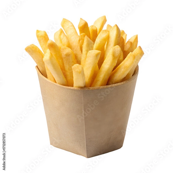Fototapeta Crispy golden french fries in paper container isolated on white background