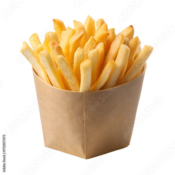 Fototapeta Crispy golden french fries in paper container isolated on white background