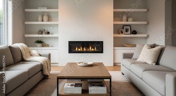 Fototapeta Modern Living Room With Fireplace and Shelving 52dedf550c1c7df9c104a59e65ac204fdr image
