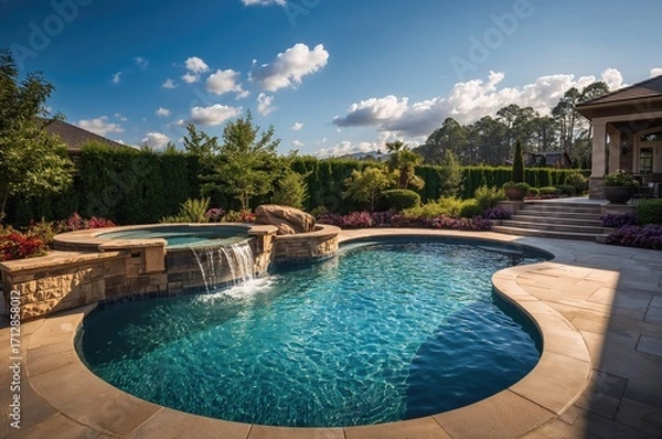 Fototapeta Backyard with a built-in swimming pool featuring a waterfall and spa tub