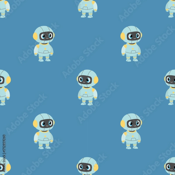 Fototapeta Cute seamless pattern with smiling cartoon robot in blue suit on blue background. Playful vector design for kids, fabric, wrapping or wallpaper.