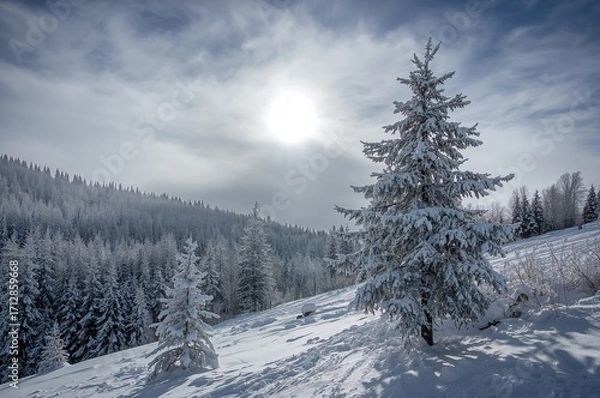 Fototapeta A lone tree stands in a snowy winter woodland beneath a cloudy sky, as a blue-faced creature observes from the hillside
