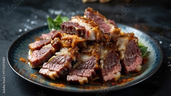 Fototapeta Mouth-watering crispy beef brisket. The brisket is served on a dark plate. The meat is liberally sprinkled with garlic powder and smoked paprika.