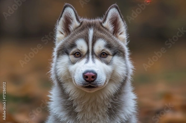 Fototapeta Close-up of a charming fluffy grey puppy with warm brown eyes in an autumnal outdoor setting.