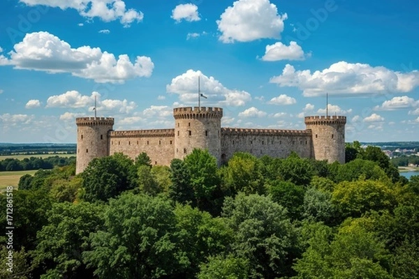 Fototapeta Historic stronghold rises above dense foliage, highlighting the magnificence of its stone turrets and ramparts under a clear blue summer sky