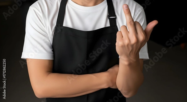 Fototapeta Chef or server expressing dissatisfaction with defiant middle finger gesture, perfect for edgy marketing or rebellious brand messaging and satire