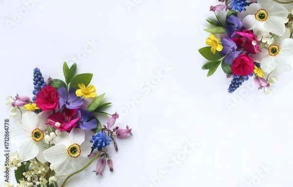 Fototapeta Spring flowers on a white background. Flat lay, top view.