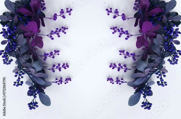 Fototapeta Flower frame made of purple leaves and berries on a white background