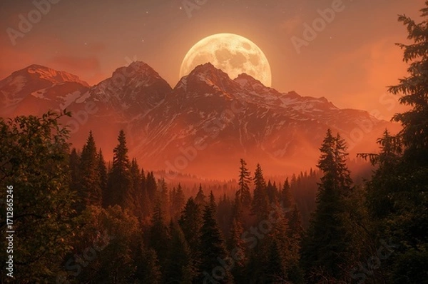 Fototapeta Nighttime forest scene illuminated by moonlight with orange hues