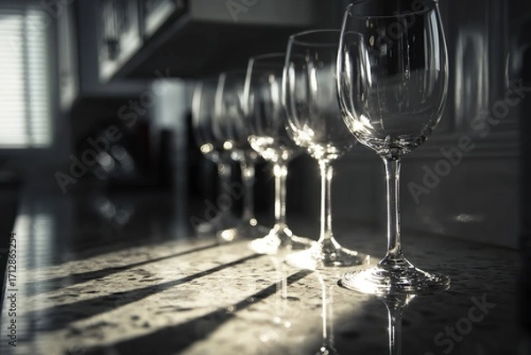 Fototapeta Pristine wine glasses lined up on a granite countertop with sharp reflections and dramatic lighting from a nearby window