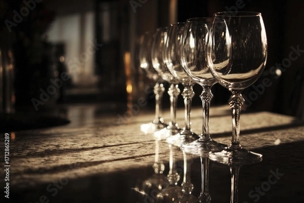 Fototapeta Elegant row of empty wine glasses aligned on a reflective surface with warm ambient light creating a soft, moody atmosphere