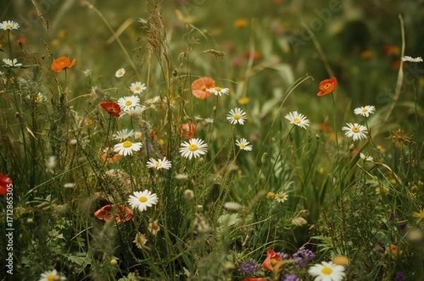 Fototapeta Bright daisies and vibrant poppies in a sunlit field. Horizontal close-up with shallow depth of field. Natural setting ideal for relaxation and environmental themes with room for text and design.
