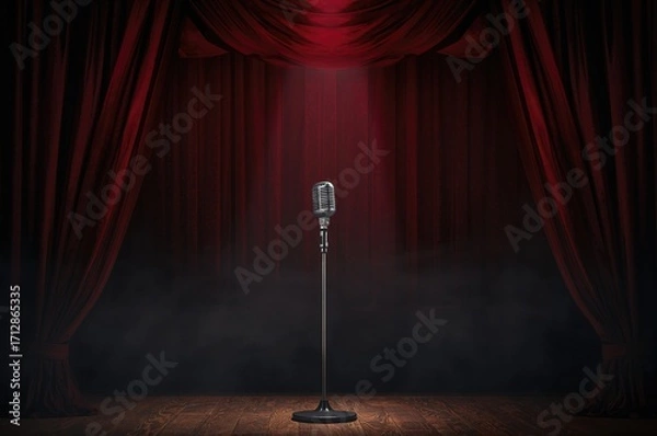 Fototapeta Empty stage with a microphone standing before a vibrant red curtain and lingering smoke after the show