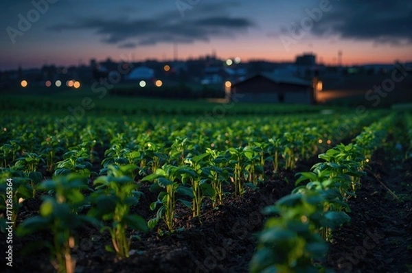 Fototapeta Young mung bean plants glowing at twilight within a modern farming setting utilizing advanced technology