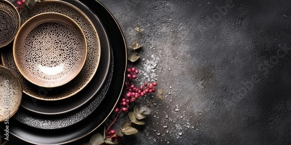 Fototapeta Top view of stacked ceramic dishes with speckled glaze on a dark textured surface decorated with red berries and copy space