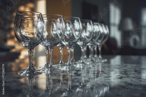 Fototapeta Row of crystal-clear wine glasses perfectly aligned on a polished granite surface with soft indoor lighting and blurred background