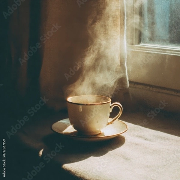 Fototapeta Vintage porcelain teacup with rising steam placed on a saucer near a window in warm morning light