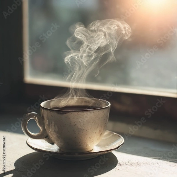 Fototapeta Ceramic teacup with delicate steam rising in sunlight by a window creating a cozy and peaceful morning mood