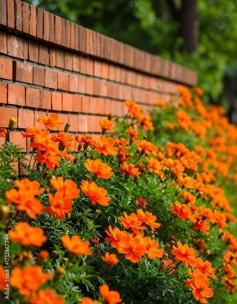 Obraz Orange flowers cascading down a brick wall