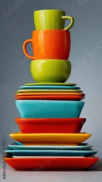 Fototapeta Stack of glossy colorful cups and plates arranged in a tall tower against a neutral background with bold pop art vibe