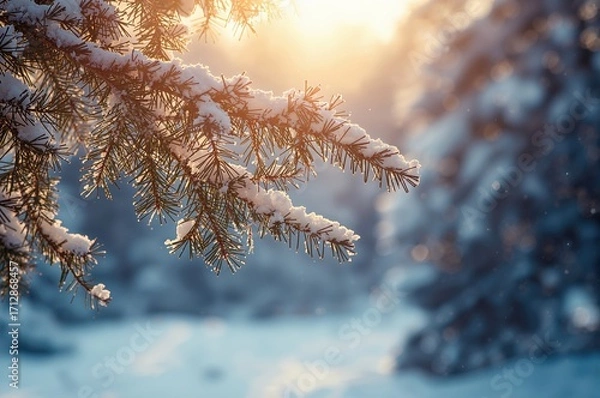 Fototapeta Pine tree limbs blanketed in snow during winter