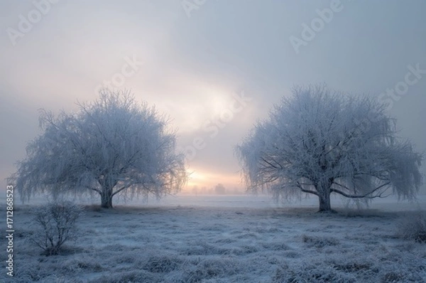 Fototapeta Twin snow-laden trees stand in a frosty morning scene over a meadow. Soft clouds hover low, casting different tones of gray.