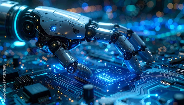 Fototapeta Cybernetic Touch: An advanced, futuristic robotic hand interacts with a complex circuit board, highlighted by cool blue hues of technology.