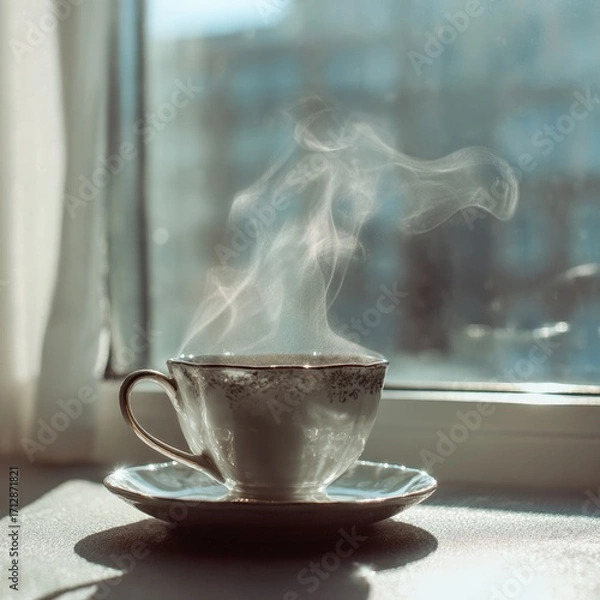 Fototapeta Elegant porcelain teacup with rising steam on a saucer by the window in soft daylight creating a calm and cozy atmosphere