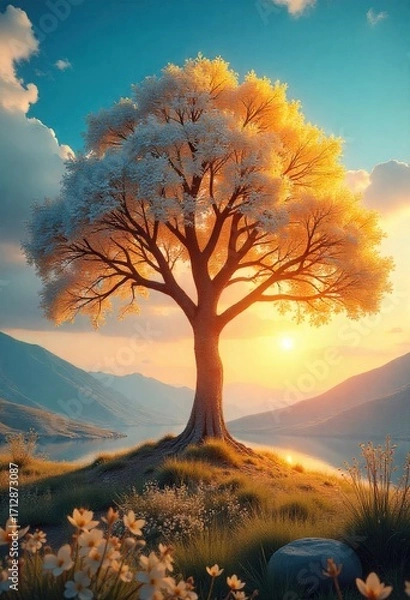 Fototapeta Illustration of Serene Sunset A Solitary Tree at Golden Hour