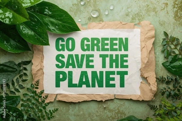 Fototapeta Environmental message featuring rain-kissed foliage within a ripped paper border promoting sustainability
